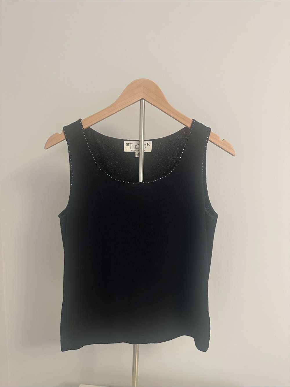 St. John Black Sleeveless Knit Tank with Embellished Neckline Accent Size S